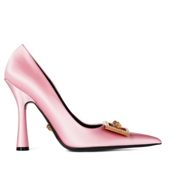 Versace Medusa Biggie Buckle Satin Pumps in Rose Pink - Picture 3 of 14